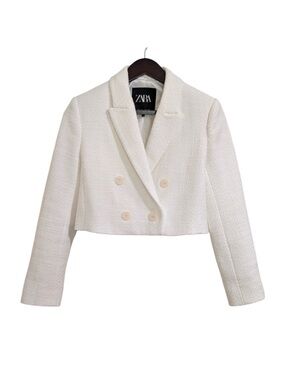 Zara Cream Cropped Double-Breasted Tweed Blazer